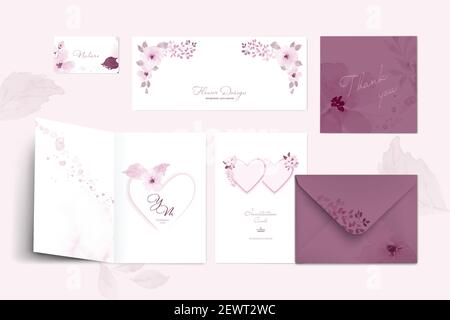 Set di modello carta rosa pastello con fiori e foglie acquerello dipinto a mano. Disegno decorativo vettoriale di carta, poster, invito, matrimonio. Illustrazione Vettoriale