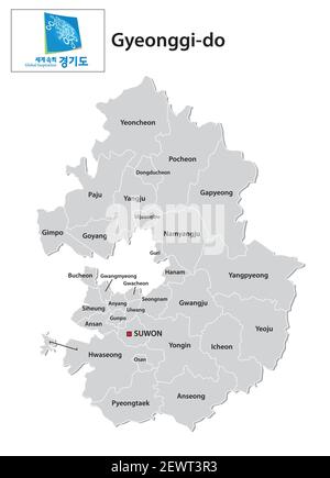 Mappa amministrativa vettoriale della provincia sudcoreana di Gyeonggi-do con flag Illustrazione Vettoriale