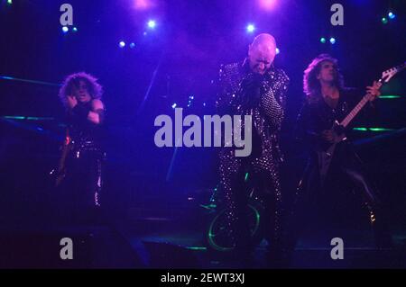 KK Downing, Rob Halford e Glenn Tipton di Judas Priest si esibire in un concerto di 'Painkiller' presso Hammerswithh Odeon. Londra, 22.03.1991 | utilizzo in tutto il mondo Foto Stock