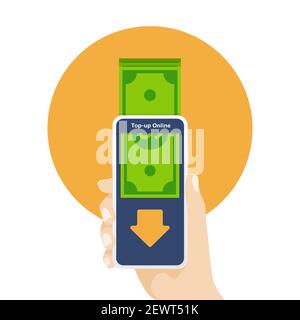 Ricarica denaro per l'applicazione online sul telefono cellulare. Telefono cellulare portatile con ricarica online. Illustrazione Vettoriale