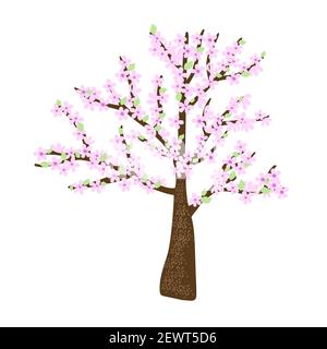 Albero in fiore di ciliegio con delicati rami di fiori rosa chiaro in stile semplice piatto, illustrazione vettoriale per il concetto di primavera di benvenuto, biglietti d'auguri, striscioni, inviti Illustrazione Vettoriale