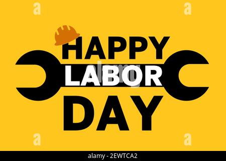 Felice giorno del lavoro su sfondo giallo con casco e chiave. Scheda Labor Day. Illustrazione della giornata internazionale dei lavoratori per il biglietto d'auguri. Foto Stock