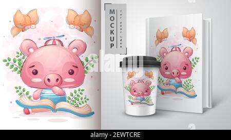 Poster e merchandising dei libri di pig Read. Illustrazione Vettoriale