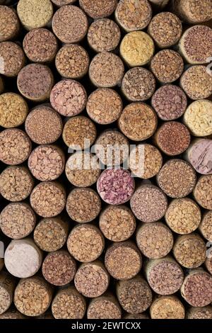 Sfondo di vino. Molti tappi per bottiglie. Corteccia sughero. Tappi per bottiglia di vino. Foto Stock