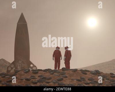 Due astronauti sulla superficie di Marte Foto Stock