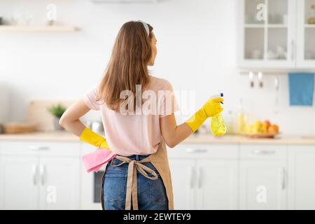 Vista posteriore di giovane donna con spray detergente pronto a riordinare il suo appartamento, spazio vuoto Foto Stock