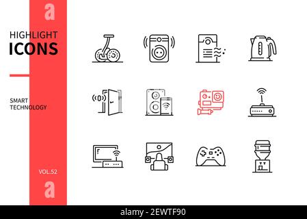 Tecnologia intelligente: Set di icone di stile di design della linea. Immagini di dispositivi e gadget. Giroscooter, presa wi-fi e altoparlante, purificatore d'aria e acqua, kett elettrico Illustrazione Vettoriale