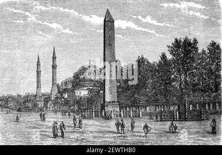 L'Almeidano con l'obelisco di Teodosio, obelisco Thutmosis III, all'Aja Sofia, Hagia Sophia, a Costantinopoli, Istanbul, Turchia, Nel 1880 / Der Almeidan mit dem Obelisk des Theodosius, Obelisco Thutmosis III., an der Aja Sofia, Hagia Sophia, a Konstantinopel, Istanbul, Türkei, Im Jahre 1880, Historisch, storico, digitale riproduzione migliorata di un originale del 19 ° secolo / digitale Reproduktion einer Originalvollage aus dem 19. Jahrhundert, Foto Stock