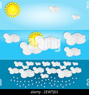 Diversi tipi di tempo. Banner giorno ed estate.Posters orizzontali impostati con nuvole di carta per le previsioni meteo.icone stagione.Illustrazione vettoriale stock Illustrazione Vettoriale