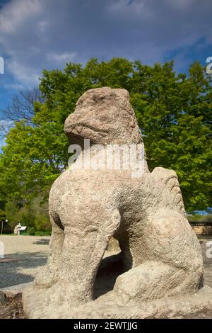 Corea, Gyeongsangbuk-do, Gyeongju, tempio Bunhwang-SA, statua del leone Guardiano Foto Stock