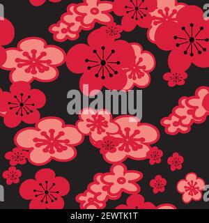 Vector sfondo nero rosa rosso ciliegia fiore. Motivo senza cuciture sfondo. Illustrazione Vettoriale