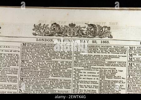La testata e gli articoli principali sulla prima pagina del giornale Times (martedì 23 maggio 1865), Londra, Regno Unito. Foto Stock