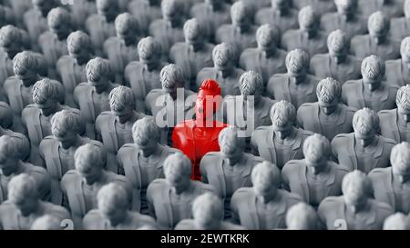 Un uomo rosso in piedi che gridano tra le grandi persone grigie della folla. rendering 3d Foto Stock