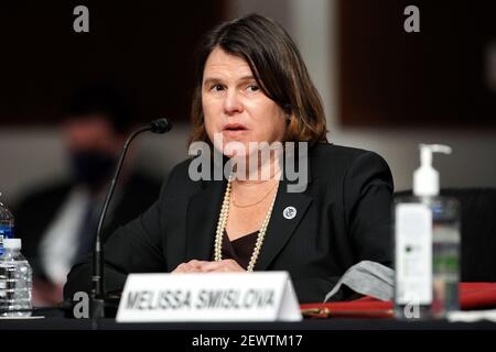 Washington, Stati Uniti. 03 marzo 2021. Melissa Smislova, Senior Official che svolge le funzioni del Sottosegretario, Ufficio di intelligence e analisi, Dipartimento per la sicurezza interna, rende la sua dichiarazione di apertura durante un'audizione congiunta del Senato per la sicurezza interna e gli affari governativi e le regole del Senato e l'amministrazione mercoledì 3 marzo, 2021 per discutere l'attacco del 6 gennaio al Campidoglio degli Stati Uniti. (Foto di Greg Nash/Pool/Sipa USA) Credit: Sipa USA/Alamy Live News Foto Stock