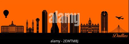 Vector City skyline silhouette - illustrazione, Città su sfondo arancione, Dallas Texas Illustrazione Vettoriale