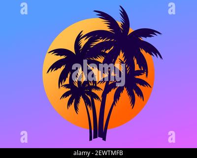 Due palme contro un sole sfumato nello stile degli anni '80. Stile Synthwave e retroonda. Colore arancione. Progettazione di opuscoli pubblicitari, striscioni, Illustrazione Vettoriale