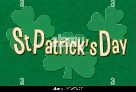 3 trifogli testo St Patricks giorno san vacanza sfondo design sovrapposizione verde smeraldo shamrock Foto Stock