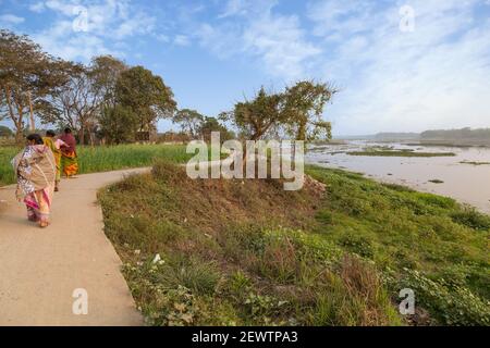 Donne tribali che camminano su una strada del villaggio non asfaltata adiacente a. Un fiume in un distretto rurale nel Bengala occidentale India Foto Stock