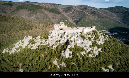 Puilaurens castello cataro nel sud della Francia Foto Stock