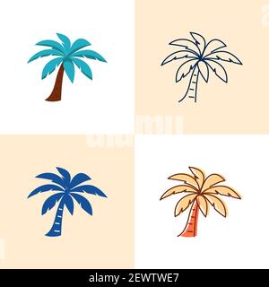 Icona della struttura ad albero di palma impostata in stile piatto e lineare. Simbolo di piante tropicali esotiche. Illustrazione vettoriale. Illustrazione Vettoriale