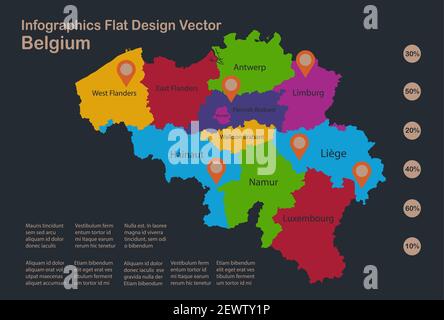 Infografica Mappa del Belgio, colori a disegno piatto, con nomi di singole regioni, sfondo blu con vettore di punti arancioni Illustrazione Vettoriale