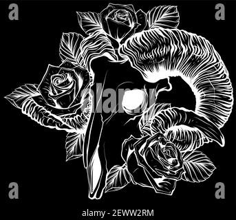 Silhouette capra cranio illustrazione vettoriale. Capra devilish simbolo magico e fiori peonie e rose Illustrazione Vettoriale