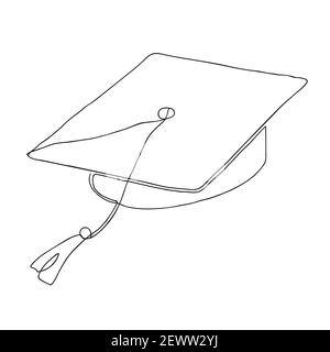 Tappo graduato ART a linea continua singolo. Cerimonia di celebrazione o concetto di master degree, design universitario. Un vettore di disegno del contorno dello schizzo Illustrazione Vettoriale