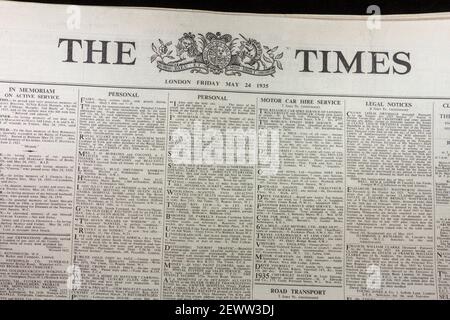 La testata del giornale Times sulla prima pagina di venerdì 24 maggio 1935. Foto Stock