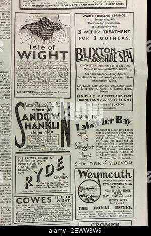 Annuncio per vacanze sulla costa meridionale del Regno Unito (Weymouth, Isola degli otto ecc) nel giornale Times, Londra, Regno Unito, Venerdì 24 maggio 1935. Foto Stock