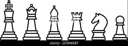 Pezzi di scacchi. Re Queen Rook Pawn Cavaliere e Vescovo. Icone dell'illustrazione vettoriale impostate in stile contorno. Illustrazione Vettoriale