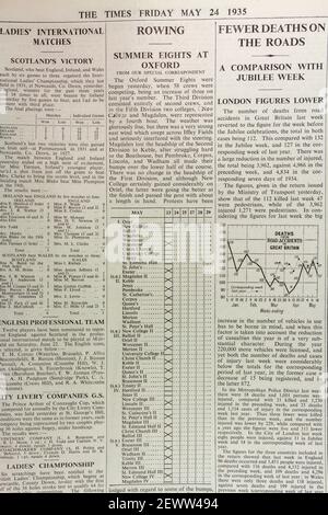 Oxford Summer Eights i risultati dell'evento Bumps riportato sul giornale Times, Londra, Regno Unito, venerdì 24 maggio 1935. Foto Stock