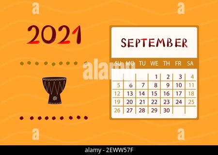 Calendario Africa per settembre 2021. La settimana inizia la domenica. Design colorato con motivi etnici. Illustrazione vettoriale. Illustrazione Vettoriale