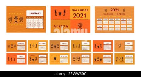 Calendario Africa per il 2021. La settimana inizia la domenica.disegno colorato con disegno etnico .illustrazione vettoriale. Illustrazione Vettoriale