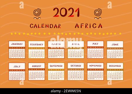 Calendario Africa per il 2021. La settimana inizia la domenica. Design colorato con motivi etnici. Illustrazione vettoriale. Illustrazione Vettoriale
