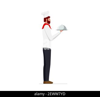 Elegante chef maschile in uniforme e cappello che tiene piatto di servire con cupola. Ristorante o caffetteria, concetto di servizio di alta qualità. Immagine piatta vettoriale Illustrazione Vettoriale