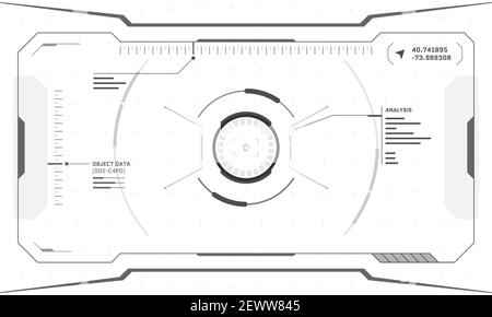 VR HUD interfaccia futuristica digitale design dello schermo cyberpunk su sfondo bianco. Display con testa in alto per la tecnologia di realtà virtuale fantascientica. Illustrazione vettoriale del pannello di interfaccia utente della GUI della tecnologia digitale Illustrazione Vettoriale