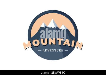 Mountain Adventure cerchio scudo logo badge per turismo estremo e sport escursionismo. Immagine eps vettoriale etichetta campeggio natura all'aperto Illustrazione Vettoriale