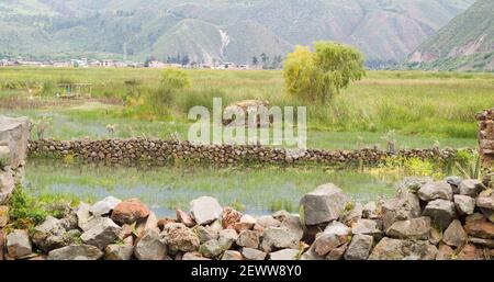 antico muro di pietra inca in lago - andean lansdcape - cusco perù Foto Stock