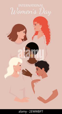 8 marzo, biglietto d’auguri per il giorno della donna. Donne di diverse nazionalità e culture. Illustrazione vettoriale in stile piatto Illustrazione Vettoriale