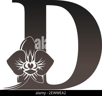 Icona del logo lettera D con illustrazione vettoriale del design dell'orchidea nera Illustrazione Vettoriale