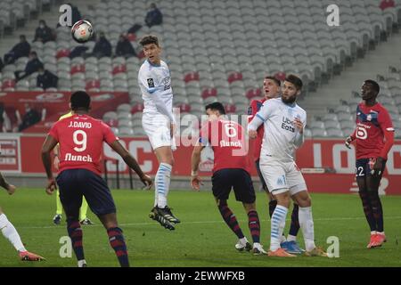 Villeneuve d'Ascq, Francia. 3 marzo 2021. Olympique de Marseille Defender LEONARDO BALERDI in azione durante il campionato francese di calcio Ligue 1 Uber mangia Lille contro Olympique de Marseille allo stadio Pierre Mauroy - Villeneuve d'Ascq. Il nuovo allenatore dell'Olympique de Marseille, ARGENTINO JORGE SAMPAOLI arriva oggi per firmare il suo contratto. Lille ha vinto 2:0 Credit: Pierre Stevenin/ZUMA Wire/Alamy Live News Foto Stock