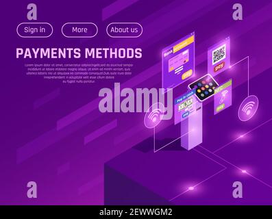 Cash Money e metodi di pagamento elettronico pagina isometrica con pulsanti di menu su sfondo viola illustrazione vettoriale Illustrazione Vettoriale