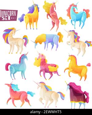 Collezione di unicorni magici in diverse pose dipinte in varie colori nell'illustrazione vettoriale isolata in stile cartoon Illustrazione Vettoriale