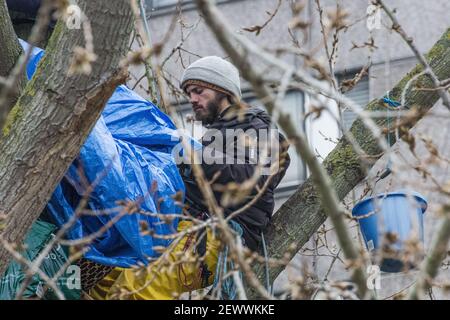 York Gardens, Londra, Regno Unito. 3rd marzo, 2021. Marcus Decker, 33, vicino al banner della campagna di protezione degli alberi a cui partecipa. È il decimo giorno di albero-seduta per i protettori della terra che stanno occupando un albero nero di pioppo di 100 anni dovuto essere abbattuto lunedì, 22nd di febbraio, 2021, da una joint venture fra le case di Wimpey di Taylor ed il Consiglio di Wandsworth. Credit: SABRINA MEROLLA/Alamy Live News Foto Stock