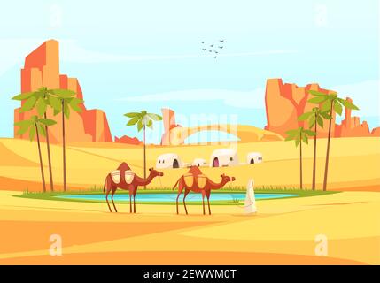 Desertico esterno composizione di luogo deserto paesaggio con immagini piatte di canyon sabbiosi e treno di cammelli illustrazione vettoriale Illustrazione Vettoriale