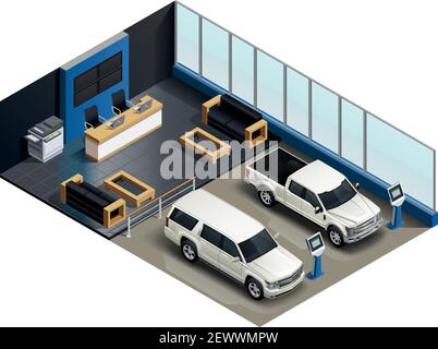 Salone di vendita automatica composizione isometrica realistica con 2 veicoli elettronici visualizzazione delle informazioni immagine vettoriale dell'unità di assistenza clienti Illustrazione Vettoriale