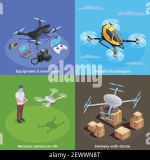 Drones concetto isometrico con telecomandato moderno trasporto di consegna e. illustrazione vettoriale isolata del set di apparecchiature vr Illustrazione Vettoriale