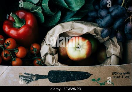 fresh organic fruit and vegetables in a recyclable box freshly picked Foto Stock