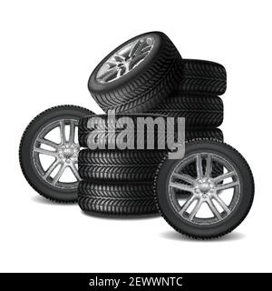 Cumulo di ruote per auto con dischi in lega e gomma nuova pneumatici immagine vettoriale realistica Illustrazione Vettoriale