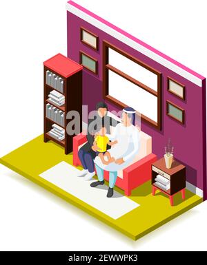 Famiglia araba con bambino seduto su divano colorata composizione isometrica immagine vettoriale 3d su sfondo bianco Illustrazione Vettoriale